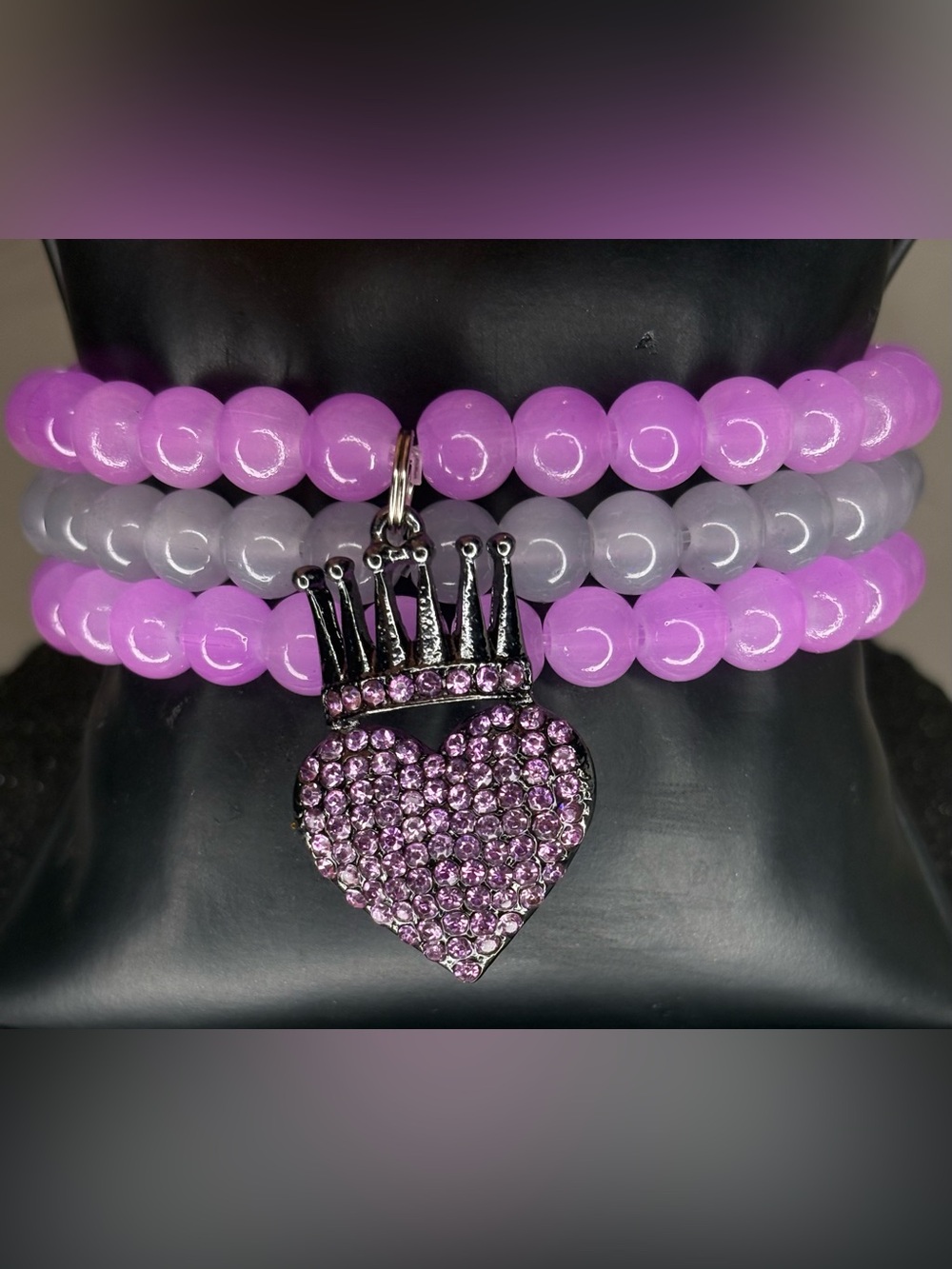 Purple Beaded Heart Crown Bracelet Stack